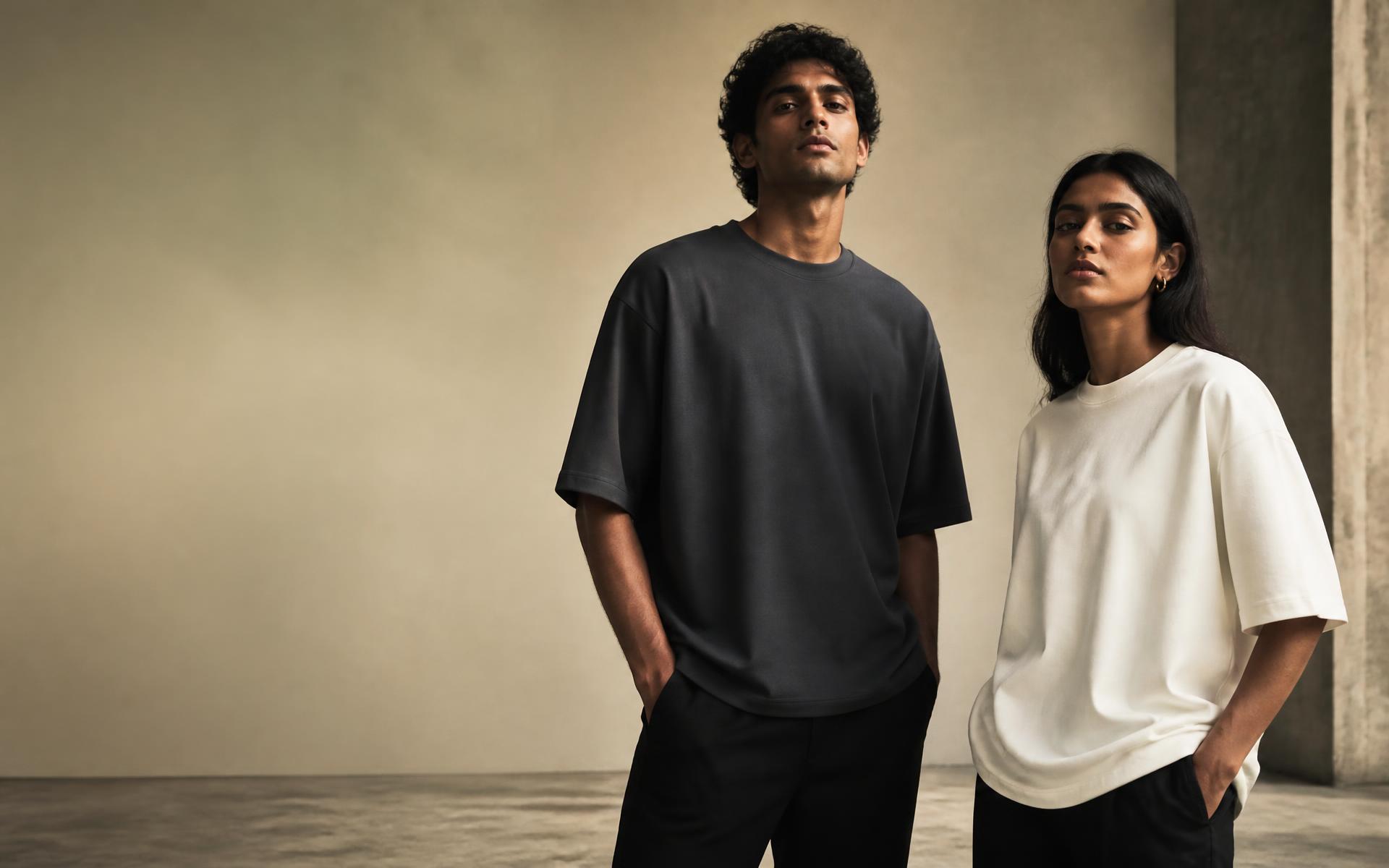 Two models wearing WEYURA oversized tees in a concrete studio