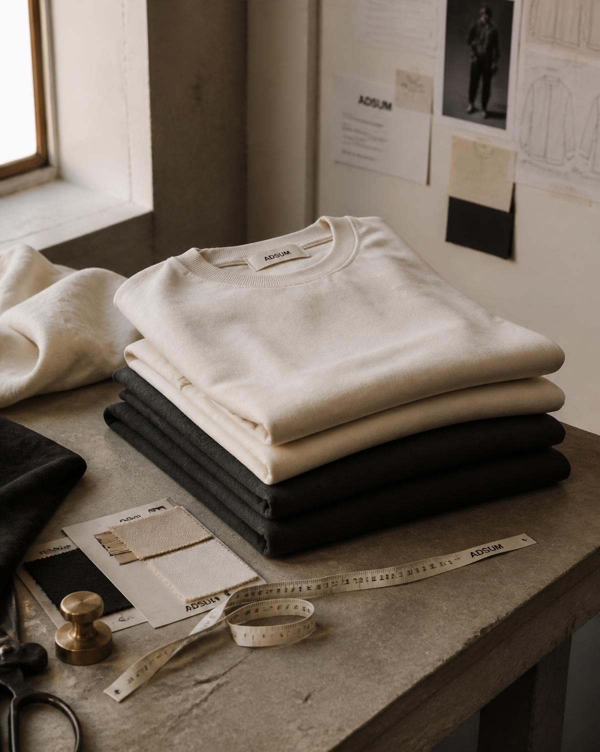 Folded WEYURA heavyweight tees on a studio table with fabric swatches